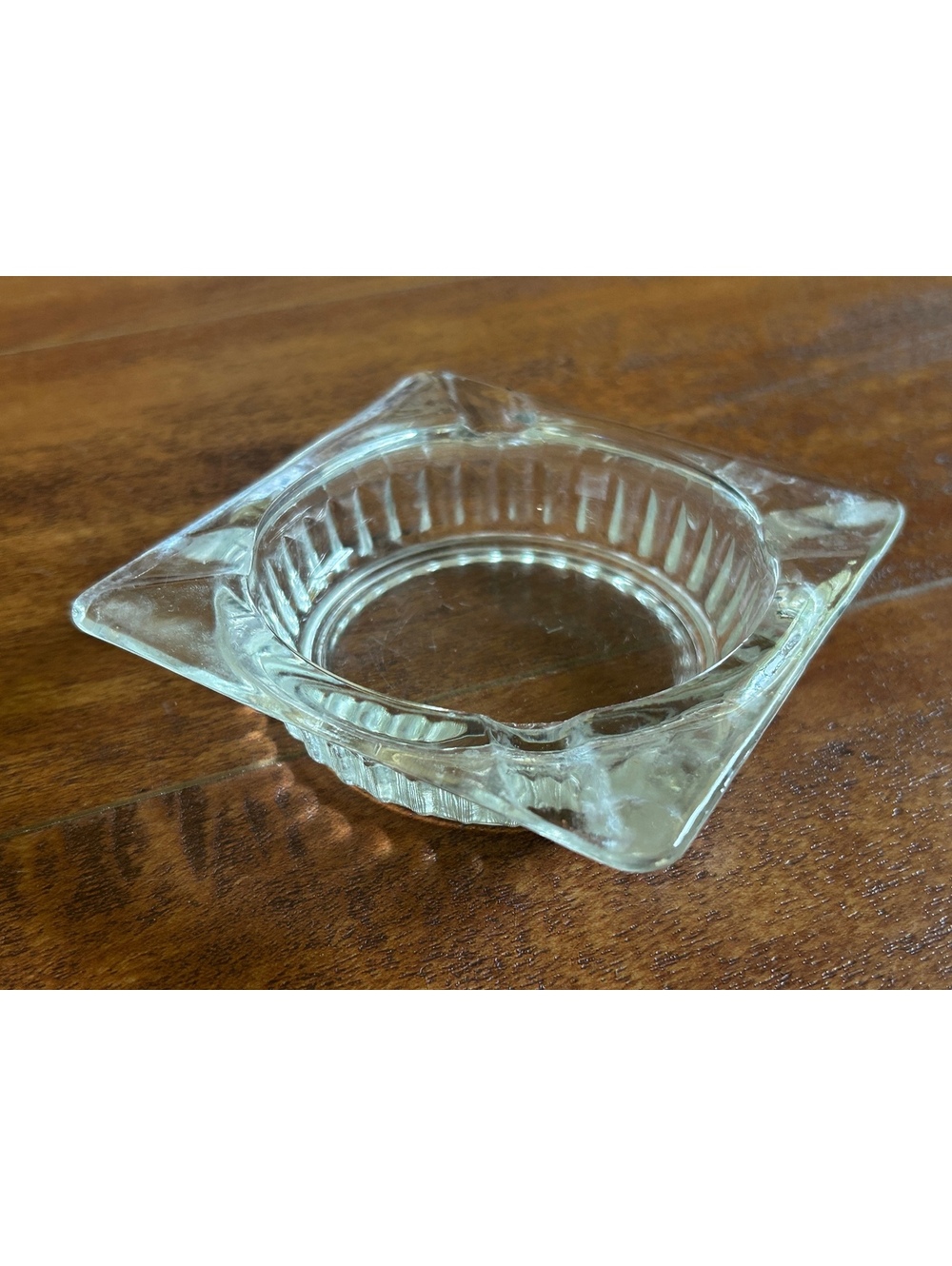 Vintage Clear Glass Square Ashtray with Ribbed Design